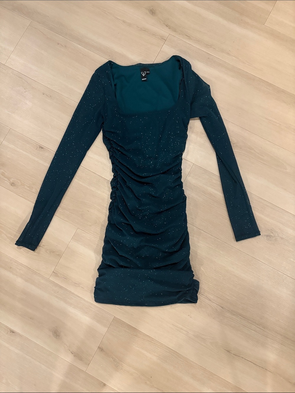 Windsor Homecoming Dress Teal Long-Sleeve Ruched Sparkle -Small